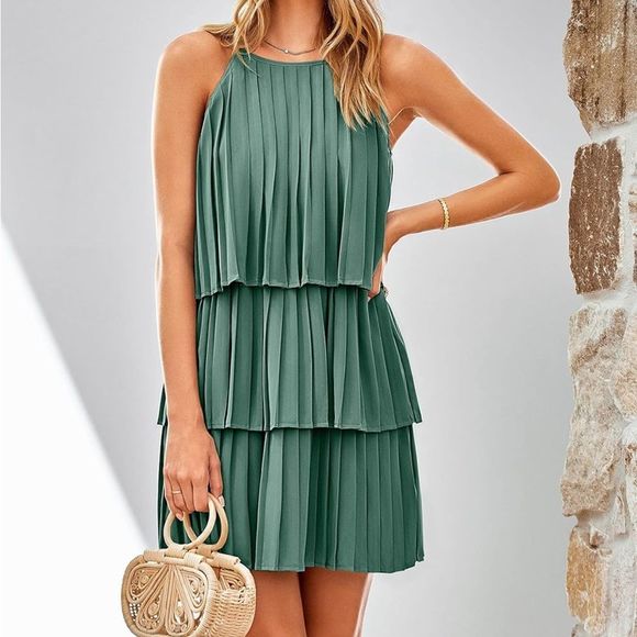 Summer DressesWomen Halter Mini Dress Ruffle Tiered Swing Pleated Party Cocktail - Picture 3 of 5